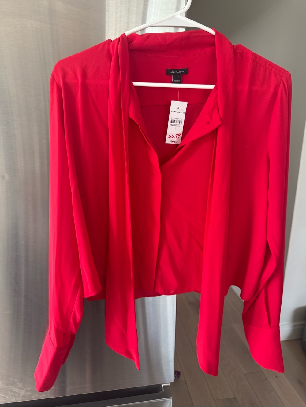 Ann Taylor Bright Red Tie-Neck Button Down Blouse